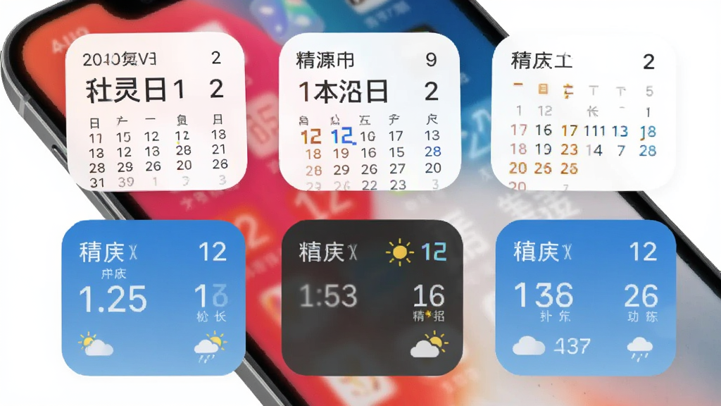 有灵日历 桌面小组件展示图,画面中手机桌面上放置了不同样式的日历小组件,分别显示日期、农历和天气,背景为手机壁纸,风格清新,布局错落有致,画质高清,无多余元素