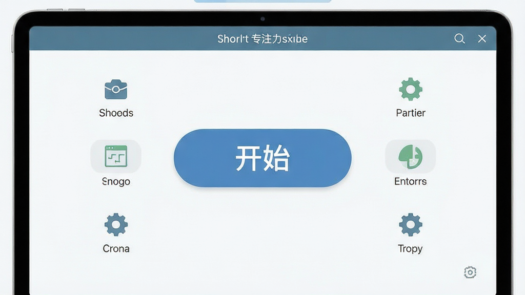 舒尔特专注力软件主界面,大号开始按钮居中,周围环绕简洁的功能图标,整体风格极简,配色舒适,布局干净,细节清晰,画质高清,无多余装饰元素