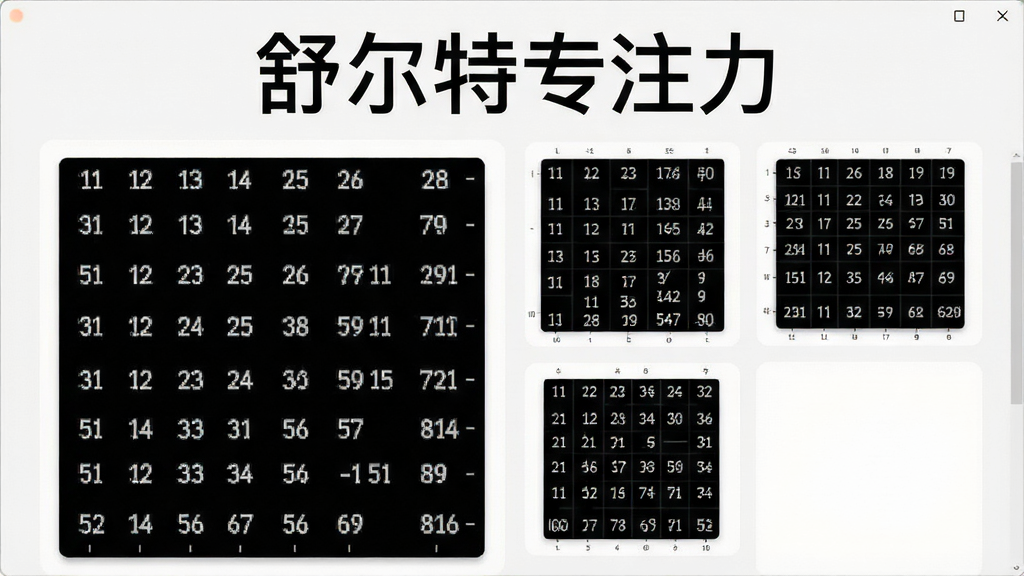 舒尔特专注力软件界面展示多个不同规格的数字方格训练模式,画面上方有软件名称“舒尔特专注力”字样,整体布局简洁,风格清爽,细节清晰,画质高清,干净无多余元素