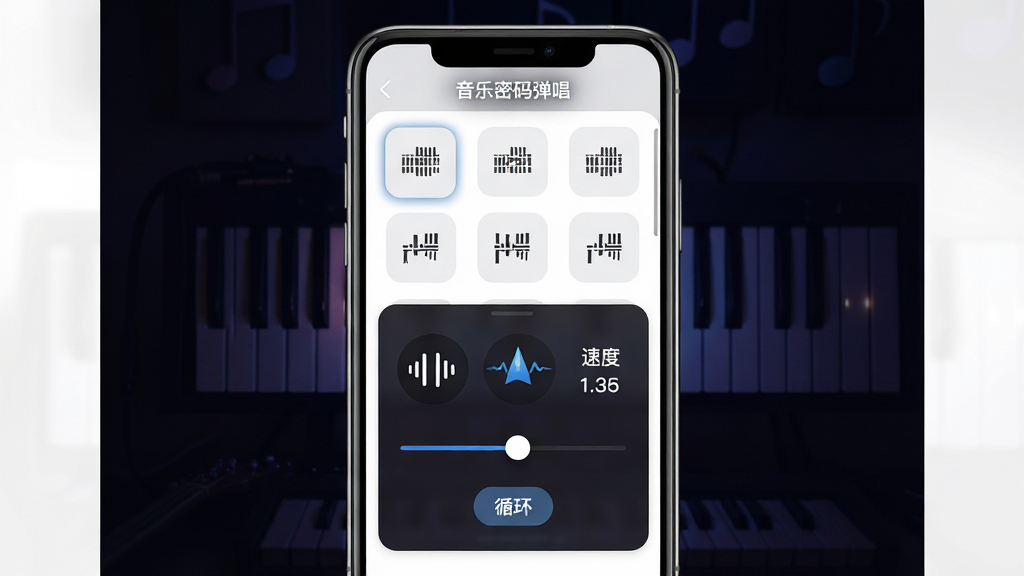 音乐密码弹唱跟弹练习模式界面,主体为手机屏幕,屏幕中显示节奏型选择列表与跟弹练习控制面板,包含节拍器、速度调节滑块、循环按钮等。布局为手机居中,背景为深色音乐氛围。排版简洁,风格为现代简洁风。细节包括屏幕中清晰可见的节奏型图标、节拍器动画、速度数值以及“音乐密码弹唱”字样。画质高清,干净明亮,无多余元素。