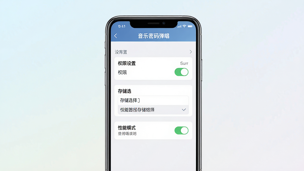 音乐密码弹唱移动端操作界面与设置页面展示,主体为手机屏幕,屏幕中显示权限设置、存储选择、性能模式开关等选项。布局为手机居中,背景为浅色渐变。排版清晰,风格为简洁实用风。细节包括屏幕中清晰可见的设置菜单、权限开关、存储路径选择以及“音乐密码弹唱”标识。画质高清,干净明亮,无多余元素。