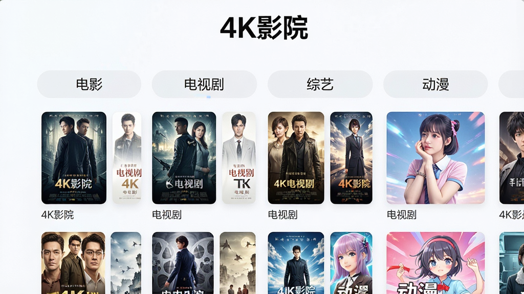 一张展示4K影院影视资源分类页面的预览图,画面中显示「4K影院」标志,界面包含电影、电视剧、综艺、动漫等多个分类标签,每个分类下方有海报缩略图排列,风格清新明亮,排版整齐,画质清晰,干净无杂乱元素