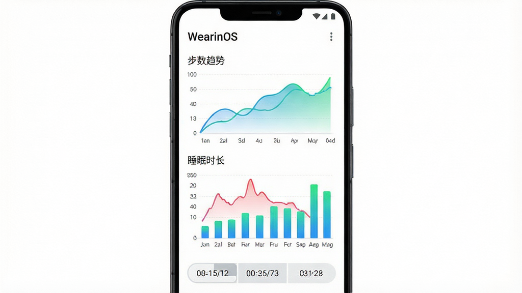 一张展示WearinOS健康数据看板界面的生图,画面主体是一部安卓手机,屏幕上显示彩色折线图和柱状图,图表内容包括步数趋势、心率变化和睡眠时长,图表下方有日期切换按钮;布局为手机居中展示,背景为纯白色,风格为极简数据可视化界面,细节上图表线条使用蓝绿渐变配色,画质高清,干净,无多余元素