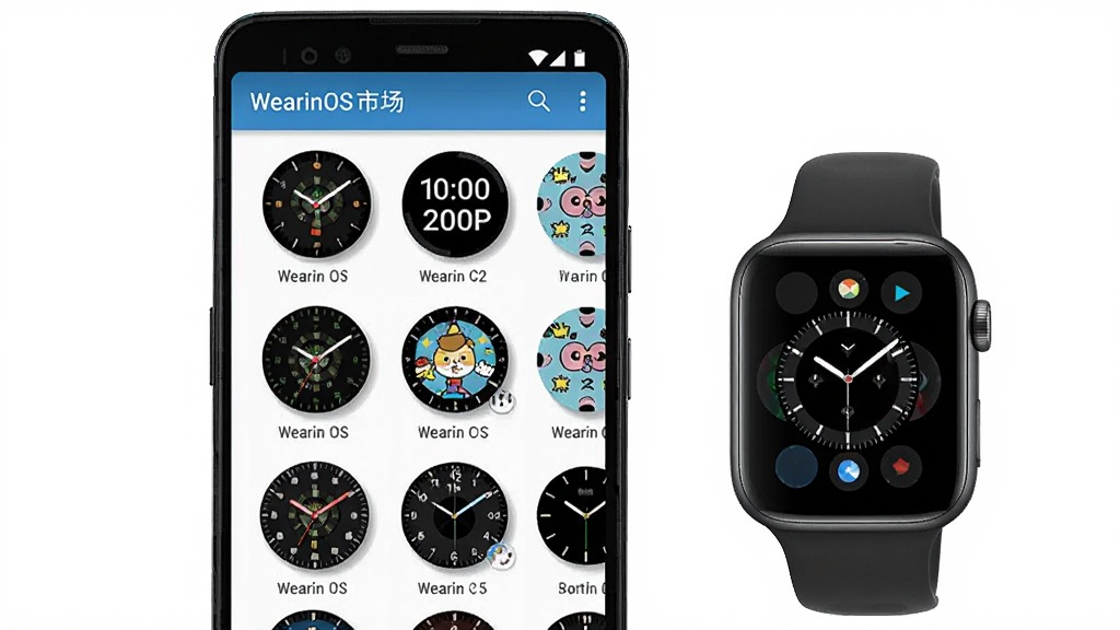 一幅以WearinOS表盘市场为主题的AI生图,画面中央是一部安卓手机,屏幕显示表盘市场网格列表,每个格子内展示不同风格的表盘缩略图,包括指针式、数字式、卡通图案等;手机右侧有一块智能手表,手表屏幕正在切换表盘;布局为手机为主、手表为辅,风格为明亮活泼的电商展示风格,细节上表盘缩略图有轻微阴影效果,画质清晰,干净,无多余元素