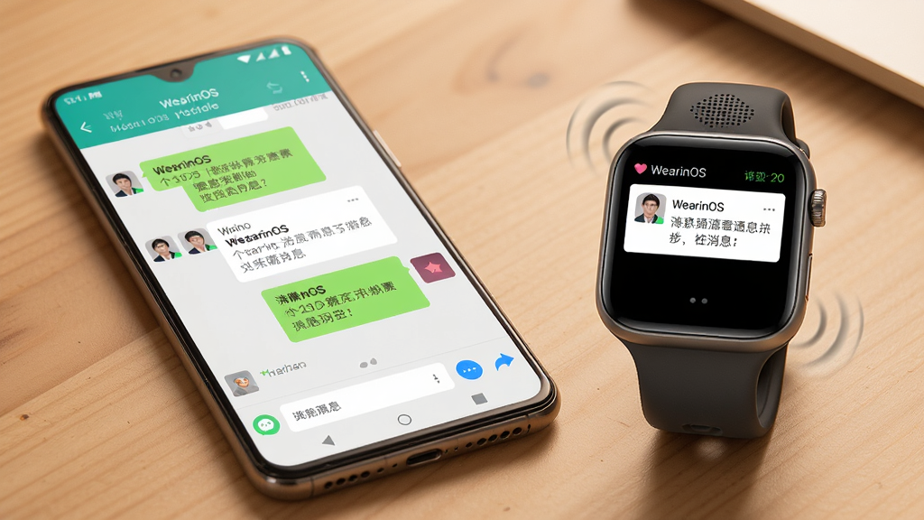 一幅展示WearinOS消息通知同步功能的AI生图,画面中一部安卓手机放在桌面上,屏幕显示微信聊天界面,旁边一块智能手表屏幕同步显示同一条消息通知卡片,卡片上有发件人头像和消息摘要;布局为手机在左、手表在右,风格为写实产品展示风格,细节上手表扬声器位置有轻微震动波纹符号,画面整体色调偏暖,画质清晰,干净,无多余元素