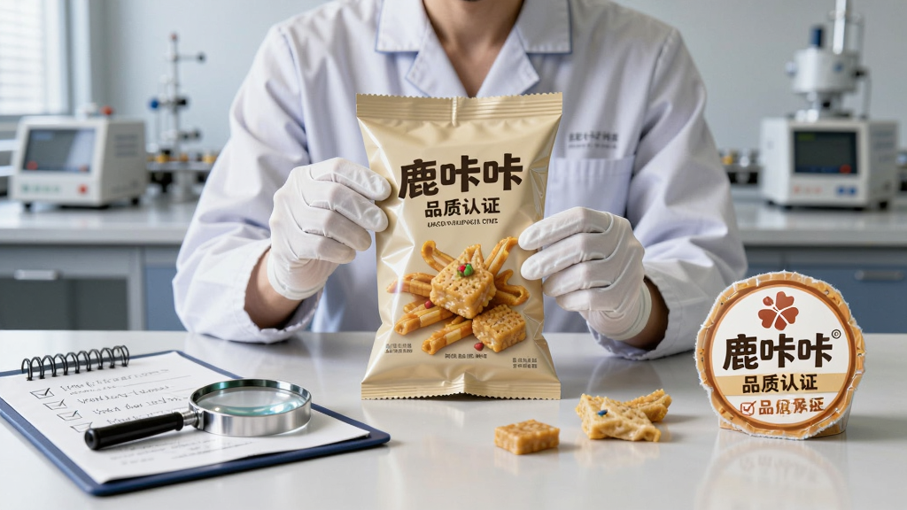 一张展示品质检测场景的图片,画面中央是一名质检员戴着白手套检查零食包装,旁边有放大镜、检查清单和「鹿咔咔」品质认证标签,背景为整洁的实验室环境。布局居中对称,风格专业严谨,细节丰富,高清晰度,干净无多余元素。