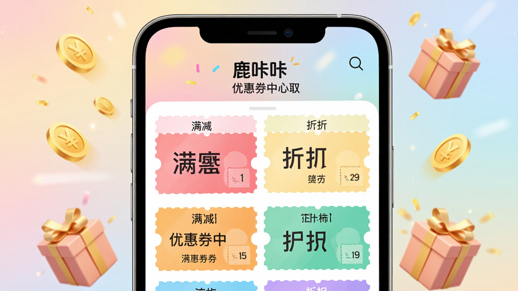 一张展示手机屏幕弹出优惠券领取界面的图片,画面中央是手机屏幕特写,屏幕上显示「鹿咔咔」优惠券中心页面,多张彩色优惠券整齐排列,有满减券和折扣券,背景为柔和渐变色彩,周围有金币和礼盒漂浮元素。风格活泼促销感强,排版清晰,高画质,干净无多余元素。