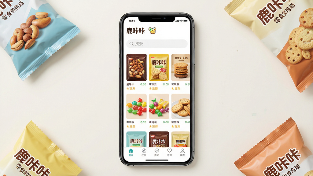 一张展示手机App界面的效果图,画面中央是一部竖屏智能手机,屏幕上显示着「鹿咔咔」零食购物商城的首页,页面顶部有搜索框,中间是整齐排列的零食商品卡片,包含坚果、饼干、糖果等图片,底部有导航栏。背景为干净浅色桌面,旁边散落几包零食作为点缀。整体风格清新明快,排版简洁有序,高清晰度,光线柔和,画面干净无多余元素。