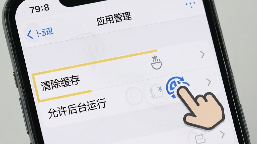 一张展示手机设置界面的图片,画面中手机屏幕显示「应用管理」页面,高亮标注「清除缓存」和「允许后台运行」两个选项,旁边有手指点击的示意图标,背景为简洁的手机界面,风格清晰直观,细节准确,画质干净无多余元素。