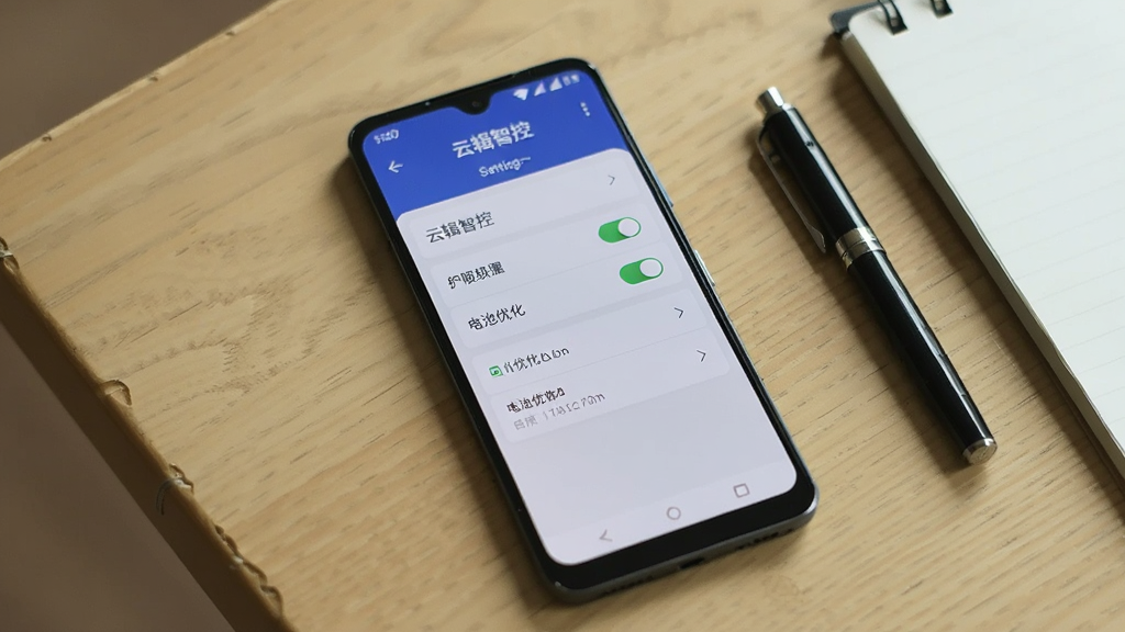 一部安卓手机放置在桌面上,屏幕显示“云辑智控”设置页面,页面中有权限开关和电池优化选项,手机旁边放着一支笔和记事本,背景为浅木色桌面,光线柔和,画面风格生活化,画质清晰,无多余杂物