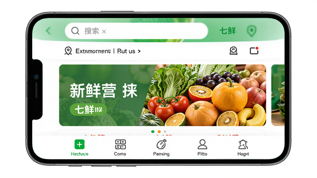 手机屏幕中显示七鲜APP首页界面,顶部有搜索框和定位地址,中间是新鲜蔬菜水果的促销横幅,底部有五个导航图标,整体布局清晰,风格简洁明亮,白色背景搭配绿色点缀,高清画质,干净无多余元素
