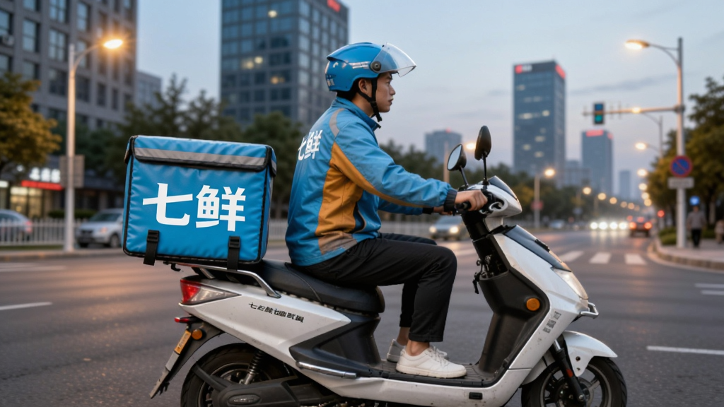 一位身穿七鲜配送制服的骑手骑着电动车穿梭在城市街道上,车后座有醒目的七鲜保温箱,背景是傍晚的城市楼宇与路灯,风格写实明亮,高清画质,干净无多余元素