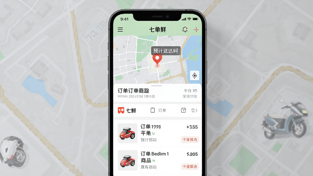 手机屏幕显示七鲜APP的订单跟踪页面,地图上有骑手位置标记和预计送达时间,下方有订单商品列表,整体界面清晰,风格简洁实用,高清画质,干净无多余元素