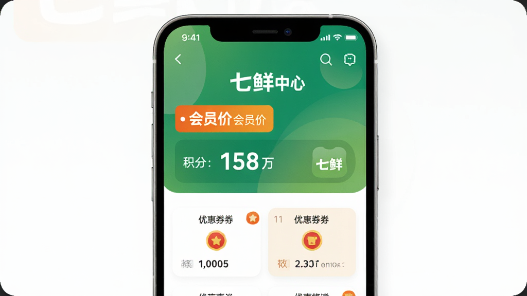 手机屏幕上展示七鲜APP的会员中心页面,有醒目的会员价标签、积分数字和优惠券列表,背景是七鲜品牌绿色的渐变,风格现代简洁,高清画质,干净无多余元素