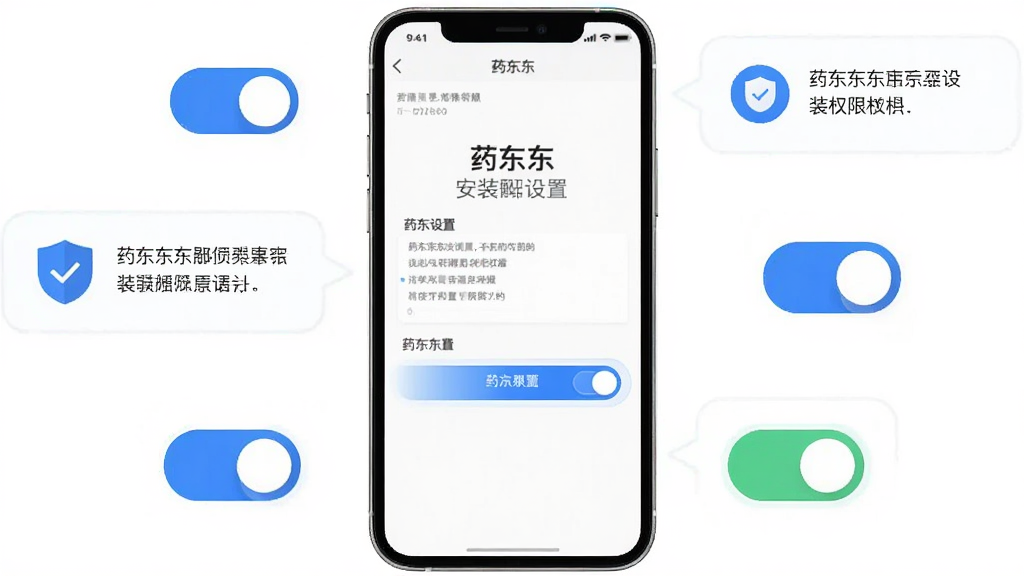 主体为手机屏幕展示药东东安装权限设置界面,布局为手机居中,周围有权限开关图标与提示气泡,排版简洁明了,风格为扁平化UI风格,细节包括蓝色开关按钮、盾牌图标、文字提示框,画质高清、干净、无多余元素