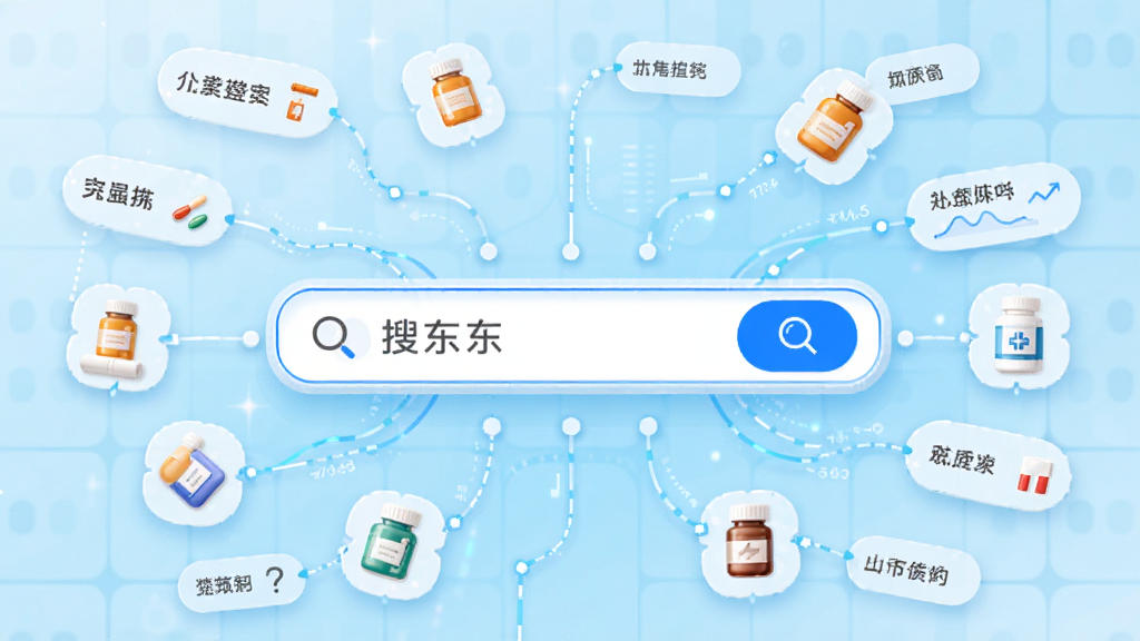 主体为药东东搜索界面截图风格插画,布局为中央搜索框放大展示,周围漂浮各类药品图标与数据标签,排版呈放射状,风格为清新医疗科技风,细节包括蓝色搜索按钮、药品分类图标、数据流动线条,画质高清、干净、无多余元素