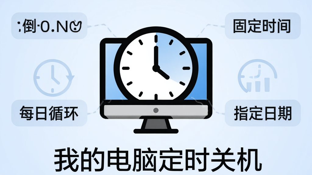 一张功能展示图,画面中央是一个大钟表图标与电脑显示器图标组合在一起,钟表周围环绕着倒计时、固定时间、每日循环、指定日期四个标签,背景是柔和的浅蓝色渐变,整体风格简洁商务,「我的电脑定时关机」文字出现在图片底部,画质清晰,干净无多余元素