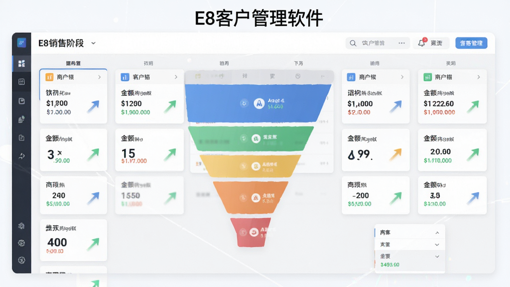 销售漏斗看板展示,主体是E8客户管理软件中的销售阶段管理界面,布局为横向多列看板卡片式排列,排版动态有序,风格为现代扁平化设计,细节包含各阶段商机数量、金额汇总、推进箭头标识,画面明亮通透,画质高清,无多余元素,看板顶部显示文字