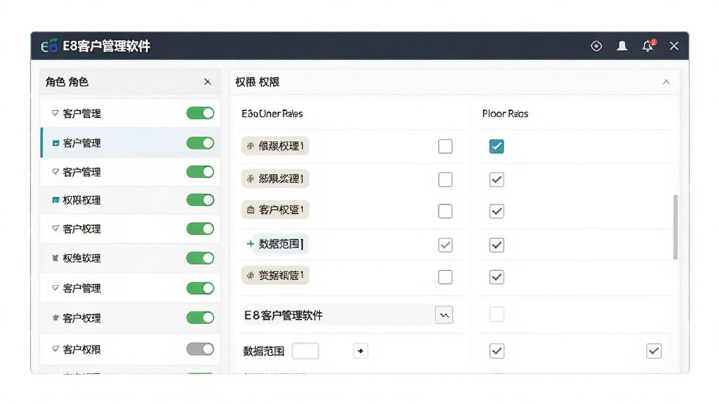 团队协作权限管理界面,主体是E8客户管理软件中的角色权限配置页面,布局为左侧角色列表加右侧权限勾选面板,排版规整对称,风格为专业商务风,细节包含权限开关、角色标签、数据范围选项,画面干净清晰,画质高清,界面中显示文字
