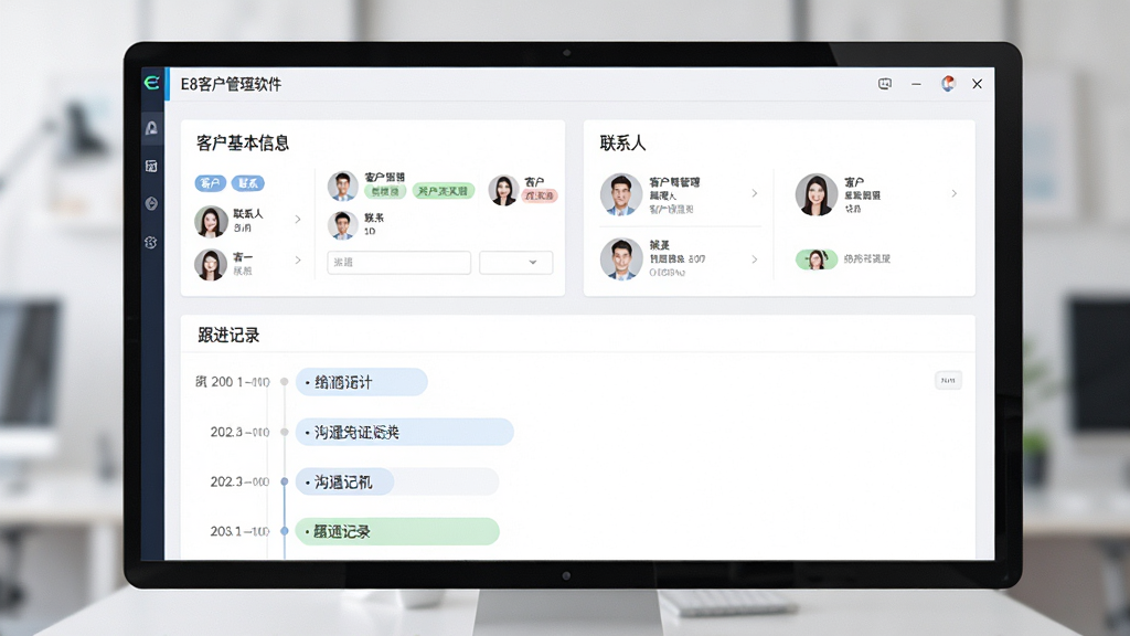 客户信息管理界面展示,主体是E8客户管理软件中客户档案详细页面,布局为上方客户基本信息卡片加下方跟进记录时间轴,排版清晰有序,风格为清爽简约商务风,细节包含客户标签、联系人头像、沟通记录条目,画面干净整洁,画质高清,屏幕中显示文字