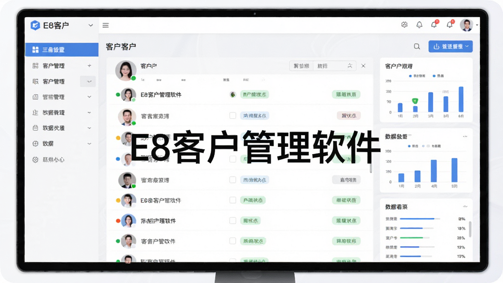 软件全貌展示,主体是E8客户管理软件的主界面截图,布局为左侧功能导航栏加右侧客户列表与数据看板,排版简洁规整,风格为现代商务科技风,细节包含客户头像、跟进状态标签、图表统计卡片,画面干净明亮,画质高清,无多余元素,屏幕中央显示文字