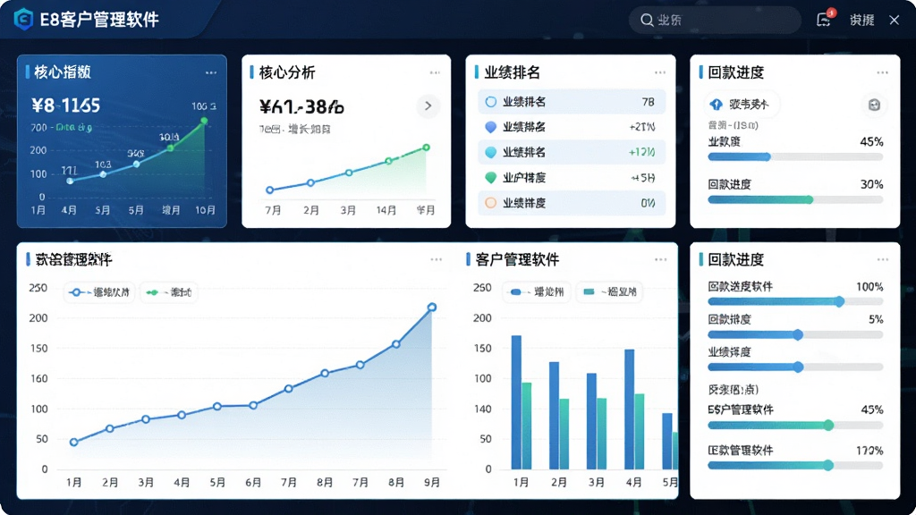 数据统计报表展示,主体是E8客户管理软件中的经营分析仪表盘,布局为上方核心指标卡片加下方折线图与柱状图组合,排版层次分明,风格为科技数据可视化风,细节包含增长曲线、业绩排名列表、回款进度条,画面干净明亮,画质高清,图表区域显示文字
