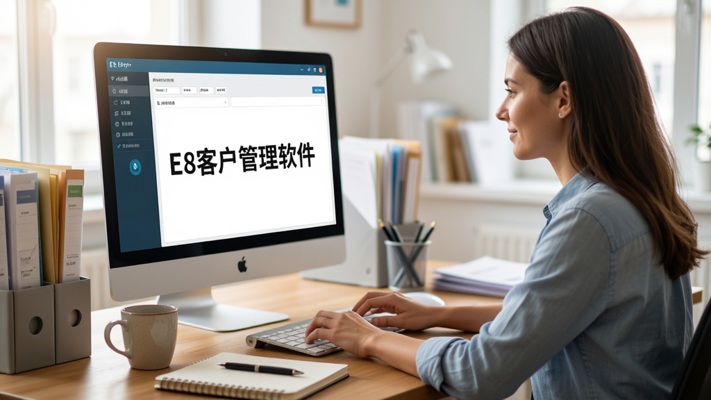 新手使用场景展示,主体是用户在电脑前操作E8客户管理软件的画面,布局为人物侧身加屏幕界面展示,排版自然生活化,风格为真实办公场景,细节包含桌面文件、咖啡杯、笔记本,画面明亮温暖,画质高清,屏幕中显示文字