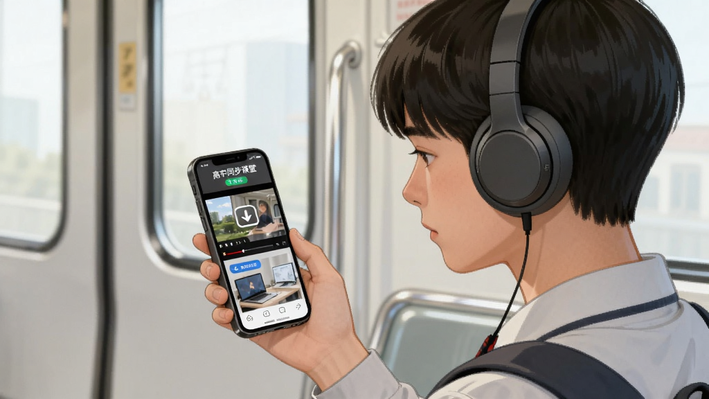 画面描绘一名高中生坐在地铁车厢内,戴着耳机用手机观看“高中同步课堂”已缓存课程,手机屏幕显示下载完成图标与视频画面,周围环境简洁,整体采用柔和写实插画风格,画质清晰干净,无多余元素