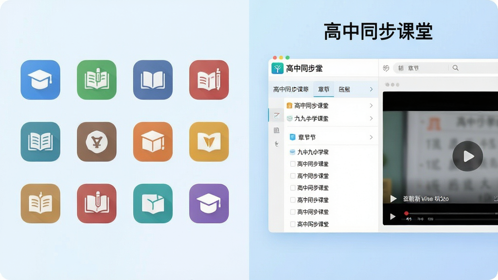 画面采用左右分栏布局,左侧展示高中九大学科彩色图标整齐排列,右侧展示“高中同步课堂”软件中的章节列表与视频播放界面,背景为淡蓝色渐变,风格简洁现代,画质清晰干净,无多余元素