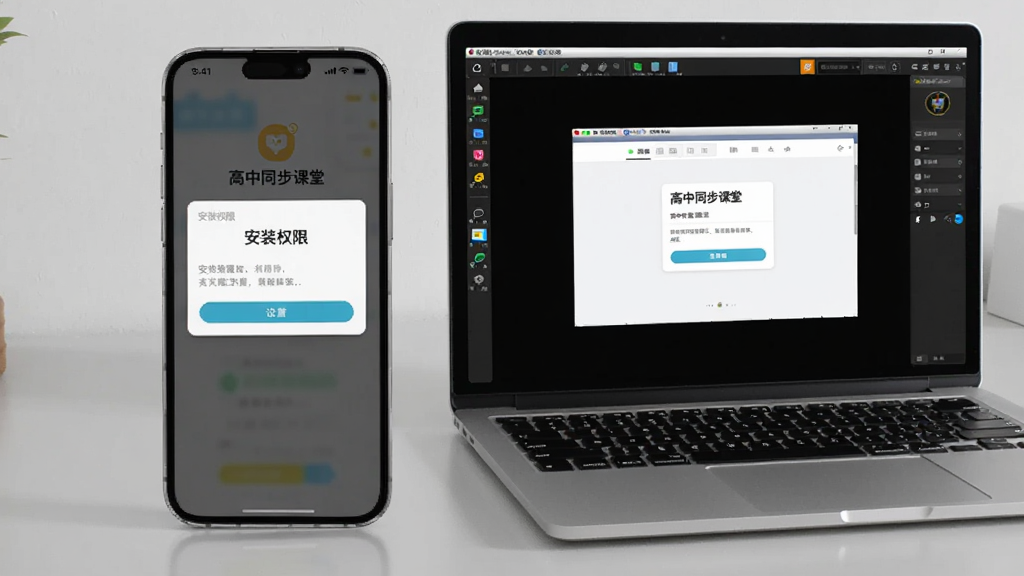 画面展示一部智能手机与一台笔记本电脑并排放在桌面上,手机屏幕显示“高中同步课堂”安装权限设置界面,电脑屏幕显示模拟器运行该软件的窗口,桌面整洁,整体采用浅灰质感写实风格,画质清晰干净,无多余元素