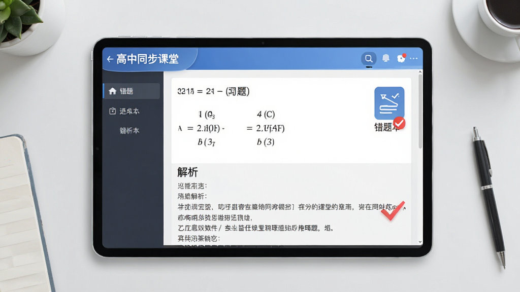 画面展示“高中同步课堂”软件中的习题练习界面,屏幕中央是一道数学选择题与解析文字,旁边有错题本图标和红色对勾标记,背景为干净的浅灰色桌面,风格简约商务,画质清晰干净,无多余元素