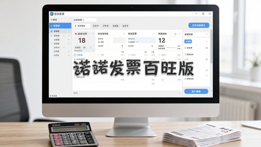 一张展示诺诺发票百旺版软件界面的图片,画面中央是电脑屏幕,屏幕上显示发票管理软件的发票列表与操作按钮,屏幕前方放置着一台计算器和一叠纸质发票,背景是整洁的办公桌面,光线明亮柔和,整体风格为写实商务摄影,细节清晰,画质干净无多余元素,图中文字标注“诺诺发票百旺版”