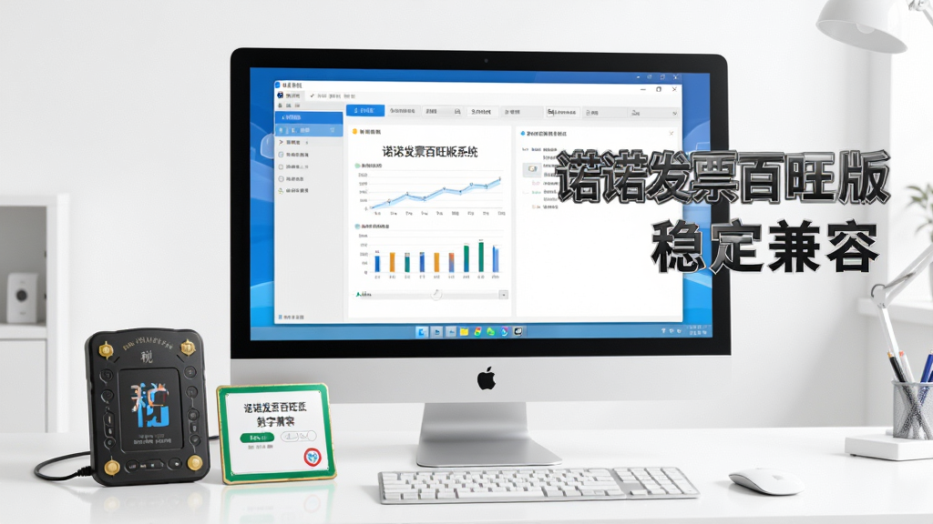 一张展示诺诺发票百旺版系统兼容性的图片,画面是电脑屏幕显示软件运行界面,屏幕旁边摆放着税控盘和数字证书,背景是干净的白色办公桌,风格为科技写实,光线均匀,细节清晰,画质干净无杂乱元素,图中文字标注“诺诺发票百旺版 稳定兼容”