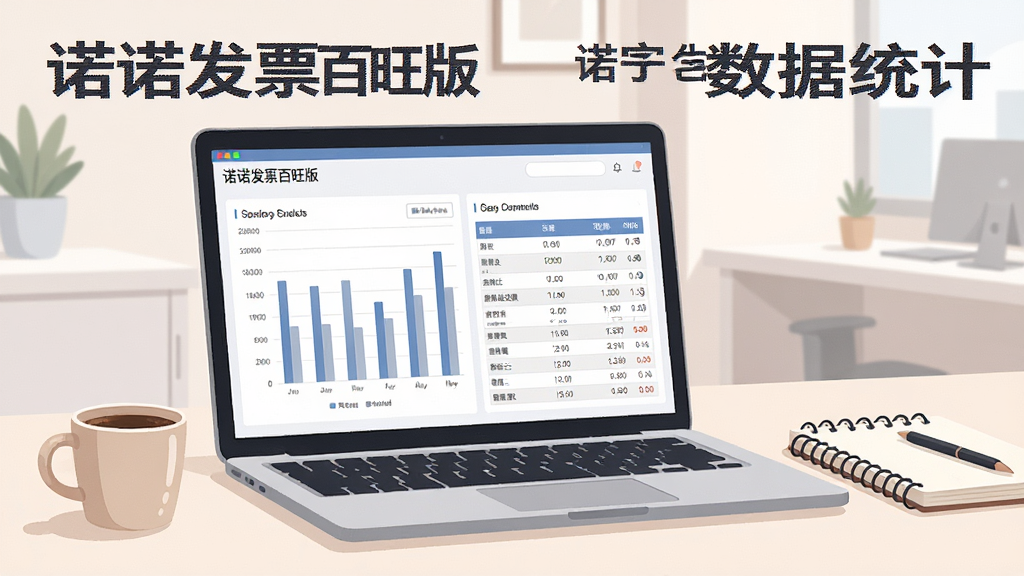 一张展示诺诺发票百旺版数据统计界面的图片,画面是一台笔记本电脑屏幕,屏幕上显示柱状图与发票汇总表格,旁边放着一杯咖啡和笔记本,背景是简洁的办公环境,风格为清新商务插画,色彩柔和,细节精致,画质干净,图中文字标注“诺诺发票百旺版 数据统计”