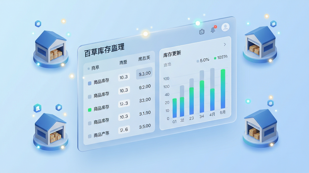 百草软件智能库存管理界面,画面主体为一个悬浮的半透明数据面板,面板上展示着清晰的商品库存列表和动态更新的库存数量柱状图。布局上,数据面板位于画面中央,周围环绕着代表不同仓库的立体图标。排版采用模块化设计,风格简洁现代,细节处有光点闪烁表示数据实时更新。画质高清,干净无杂物,背景为科技感淡蓝色渐变,突出智能与精准。