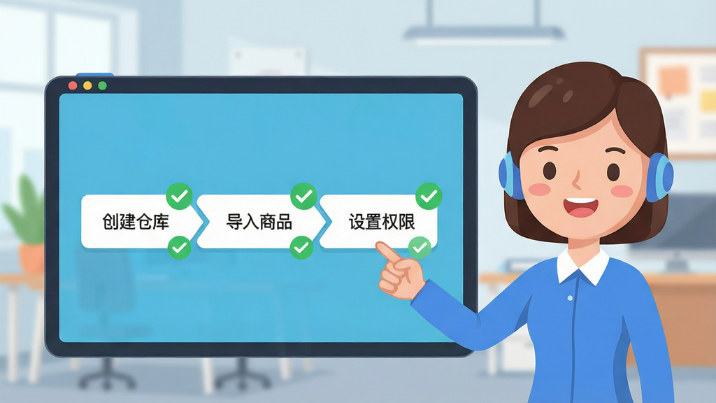 百草软件新手设置引导界面,画面主体为一个友好的虚拟助手形象,正指着屏幕上的设置向导步骤条,步骤条上清晰显示着“创建仓库”、“导入商品”、“设置权限”等文字。布局采用中心构图,助手在右侧引导。排版清晰,风格为扁平化卡通风格,细节处有完成步骤后的绿色对勾标记。画质高清,画面干净,背景为柔和的办公室环境,无多余元素。
