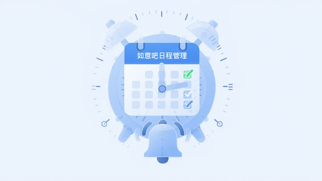 主体是一个悬浮在浅蓝色背景上的半透明闹钟图标与日历图标组合,布局为居中构图,排版上方是日历网格下方是铃铛符号,风格为扁平化科技感图标设计,细节包括环绕的细小时间刻度和勾选标记,画面中文字显示“如意吧日程管理”,画质为高清矢量质感,干净无多余元素
