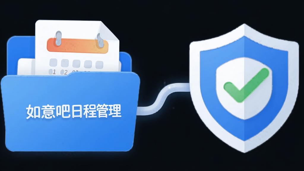主体是一个打开的文件夹图标与盾牌图标组合,布局为左右并列,排版左文件夹右盾牌中间用连接线相连,风格为简约安全主题插画,细节包括文件夹中的日历纸张和盾牌上的对勾符号,画面中文字显示“如意吧日程管理”,画质为高清插画质感,干净无多余元素
