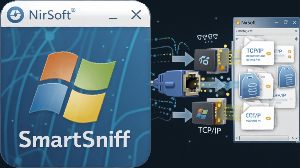 一张展示NirSoft SmartSniff免驱动抓包特性的AI生图,主体为软件图标与网卡数据流示意,布局为左侧软件图标、右侧数据包从网卡流入软件界面的箭头示意,排版为横向构图,风格为科技简约插画,细节包括TCP/IP字样、数据包图标、Windows系统标志,画质清晰,干净,无多余元素