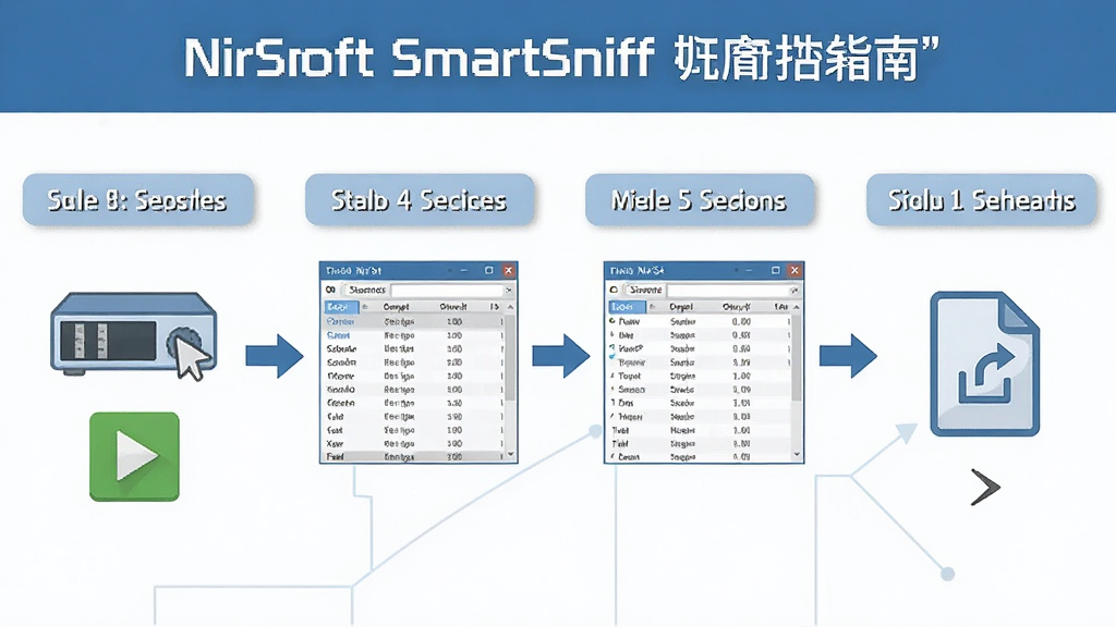 一张展示NirSoft SmartSniff使用指南的AI生图,主体为软件操作步骤流程图,布局为从左到右依次为选择网卡、开始捕获、查看会话、导出数据四个步骤,排版为横向流程图,风格为扁平化信息图,细节包括网卡图标、绿色三角按钮、会话列表缩略图、导出文件图标,画质清晰,干净,无多余元素