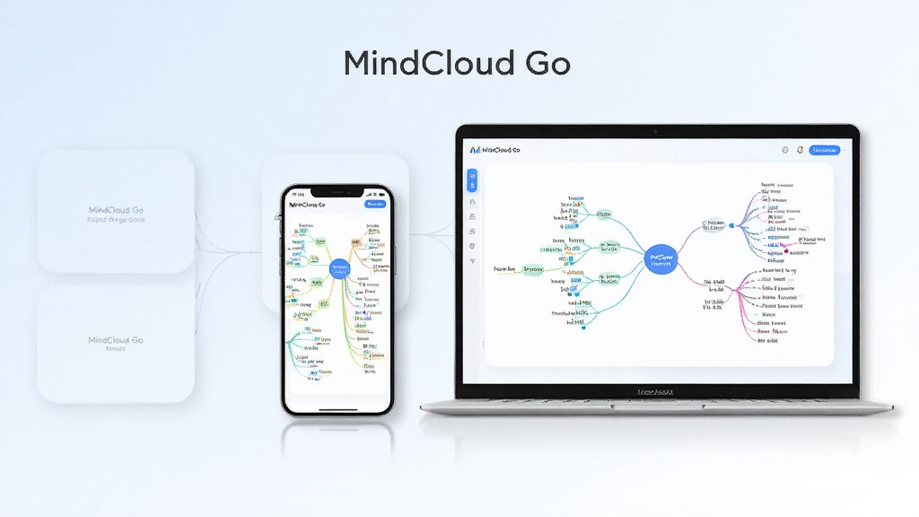 画面中央放置一部智能手机与一台轻薄笔记本电脑,屏幕中显示 MindCloud Go 的思维导图界面,节点由中心向外发散,背景为浅蓝到白色的渐变,布局采用左右对称构图,风格简洁现代,细节包括圆角卡片、细线连接、柔和阴影,画质清晰干净,无多余元素,图片中文字为“MindCloud Go”