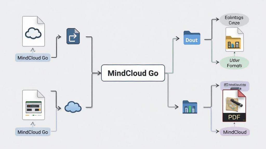 一张思维导图正在被导出为图片和 PDF 文件,中心节点写“MindCloud Go”,周围有导出图标与文件格式标签,布局为左右分栏,风格为简约商务,细节包括文件缩略图、箭头、浅灰背景,画质清晰干净,无多余元素