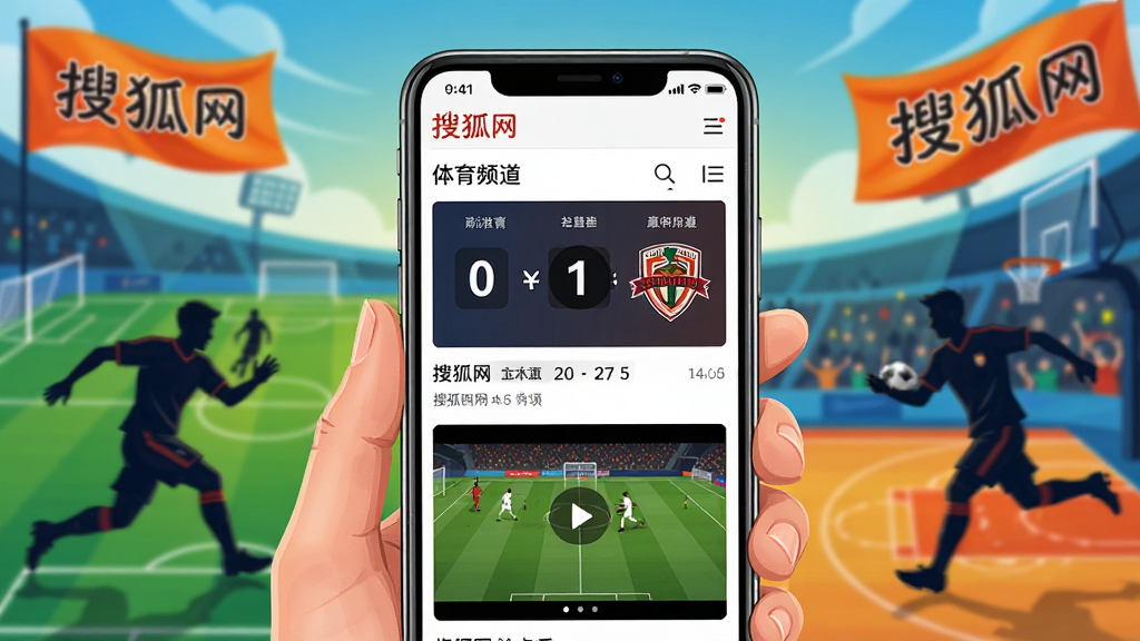 一幅以体育竞技为主题的AI生图,画面中心是一部手机,屏幕上显示搜狐网体育频道页面,包含比分牌、球队logo和比赛集锦视频。手机背景是模糊的足球场和篮球场元素,有运动员剪影和飘动的“搜狐网”旗帜。风格为动感体育插画,色彩饱满,线条流畅,画质高清,整体干净且富有活力。