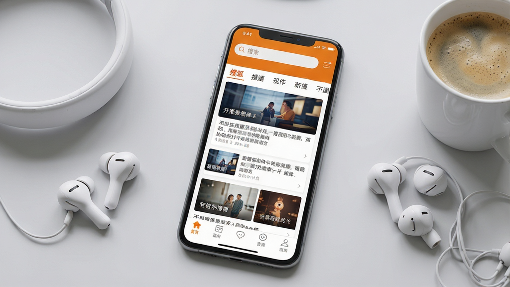 一张展示搜狐网移动端应用主界面的场景图,画面中央是一部竖屏智能手机,屏幕内呈现搜狐网新闻资讯首页,顶部有搜索栏和频道分类标签,中部是图文并茂的新闻卡片列表,底部导航栏清晰可见。背景为简洁的浅灰色桌面环境,手机旁放置一副白色耳机和一杯咖啡,营造出日常阅读资讯的轻松氛围。整体风格为写实数字产品展示风,细节精致,光影柔和,画质清晰,画面干净无多余元素。