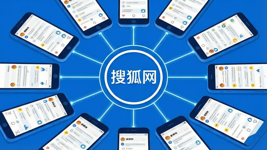 一张表现社交互动功能的图片,画面中多部手机围成一圈,每部手机屏幕上都显示着搜狐网的评论区和点赞图标,手机之间用发光的连接线相连,中心位置有“搜狐网”圆形标志。风格为简约社交网络插画,色彩以蓝白为主,画面干净,构图对称,画质清晰。