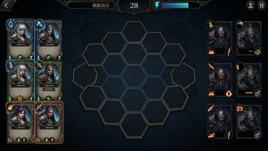 高殿战记游戏主界面全景,画面中央是六边形网格战斗棋盘,左侧显示角色卡牌手牌,右侧是敌人阵容,顶部有回合数与能量指示,整体采用暗黑奇幻风格,色调以深蓝与暗金为主,细节包括角色头像、技能图标、卡牌边框纹理,画质高清,干净,无多余元素
