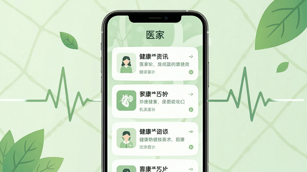 ����չʾһ���ֻ���Ļ����Ļ�������š�ҽ�ҡ�App���͵Ľ�����Ѷ�б������������ɼ��������ǵ���ɫ�Ľ�������ɫ������Χ��׺����Ҷ����������ͼ�Σ����������Ȼ���Ű����룬���ʸɾ����޶���Ԫ��