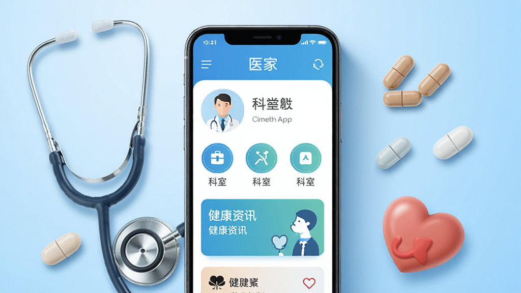 ����������һ�������ֻ�����Ļ����ʾ�š�ҽ�ҡ�App����ҳ���棬�������ҽ��ͷ�񡢿��ҷ���ͼ��ͽ�����Ѷ��Ƭ���ֻ���Χ��������������ҩ�衢���ĵ�ҽ��Ԫ�أ�����Ϊ�ɾ���ǳ��ɫ���䣬����������רҵ���Ű��࣬�����������޶���Ԫ��