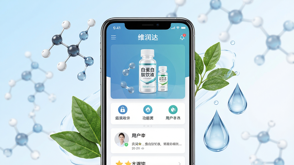 一幅展示维润达软件核心界面的概念图,画面中央是一部现代智能手机,屏幕上显示维润达应用的主页,页面包含白蛋白肽饮液产品图片、功能分类图标和用户评价模块。手机周围环绕着健康、营养相关的元素,如分子结构、绿色植物、水滴等,象征产品的健康属性。整体布局采用居中构图,背景为柔和的蓝白渐变,风格现代简约,细节清晰,画质高清,干净无多余元素。