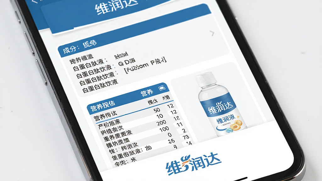 一幅展示维润达产品信息页面的AI生图,画面为手机屏幕特写,屏幕内显示维润达应用的产品详情页,包含白蛋白肽饮液的成分列表、营养标签和产品图片。画面下方有“维润达”文字标识。整体采用扁平化设计风格,配色以蓝白为主,细节清晰,画质高清,干净整洁。